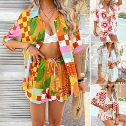 Diyun 2025 Spring/Summer Cross-border European, American, Bohemian and Indian Casual Vacation Style Flower contrast color cardigan Short pants set