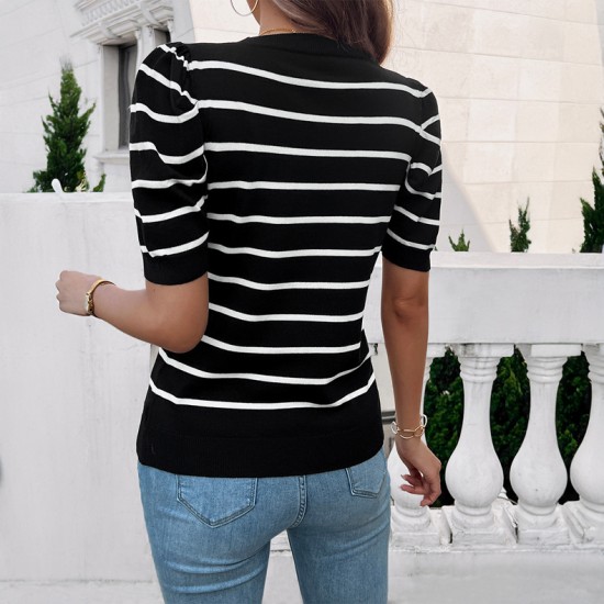 Diyun's European and American cross-border Amazon 2025 Spring/Summer Women's short-sleeved top with bubble sleeves, round neck and contrasting color sweater Diyun's European and American cross-border Amazon 2025 Spring/Summer Women's short-sleeved top with bubble sleeves, round neck and contrasting color sweater