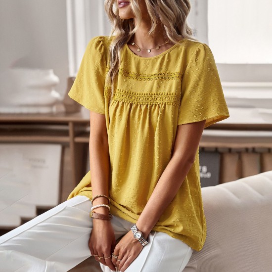 Self-developed and designed Amazon round-neck patchwork top for Spring/Summer 2023 loose women's shirt in solid color Self-developed and designed Amazon round-neck patchwork top for Spring/Summer 2023 loose women's shirt in solid color
