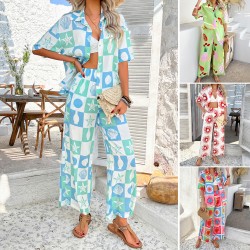 Diyun 2025 Spring/Summer Cross-border European and American Casual Bohemian vacation Style contrasting color printed wide-leg long pants set for women