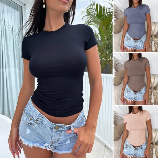 Diyun Cross-border European and American women's top, Amazon Spring/Summer 2025 Y2K style solid color slimming short-sleeved T-shirt for women Diyun Cross-border European and American women's top, Amazon Spring/Summer 2025 Y2K style solid color slimming short-sleeved T-shirt for women