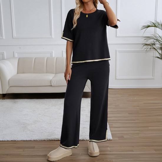 Diyun Cross-border Amazon Fashion Women's Wear 2025 Spring/Summer Export Style Casual Long Pants Short Sleeve Knitted Set for Women Diyun Cross-border Amazon Fashion Women's Wear 2025 Spring/Summer Export Style Casual Long Pants Short Sleeve Knitted Set for Women