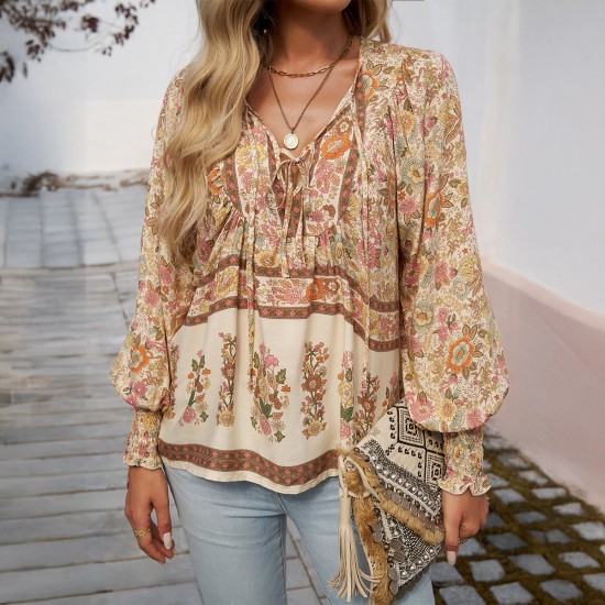 Diyun European and American Cross-border 2025 Spring/Summer Bohemian Vacation Style Cotton print Tie long-sleeved shirt for women Diyun European and American Cross-border 2025 Spring/Summer Bohemian Vacation Style Cotton print Tie long-sleeved shirt for women