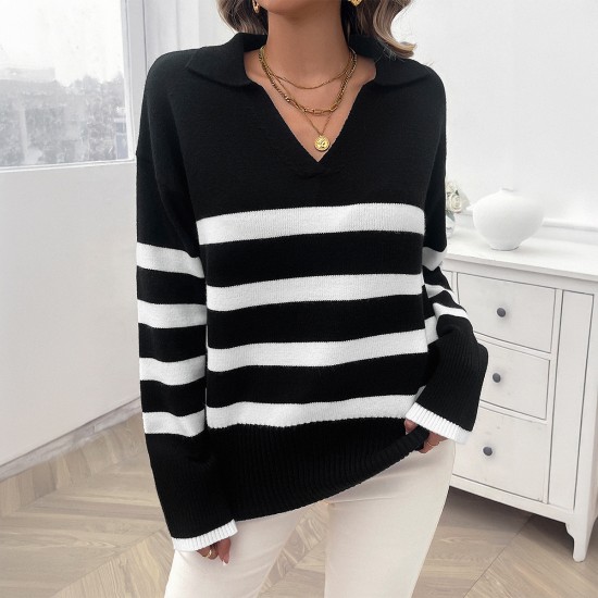 Diyun Amazon Cross-border 2024 Autumn/Winter Women's casual loose striped contrasting color lapel sweater top for women
