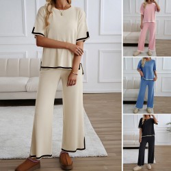 Diyun Cross-border Amazon Fashion Women's Wear 2025 Spring/Summer Export Style Casual Long Pants Short Sleeve Knitted Set for Women