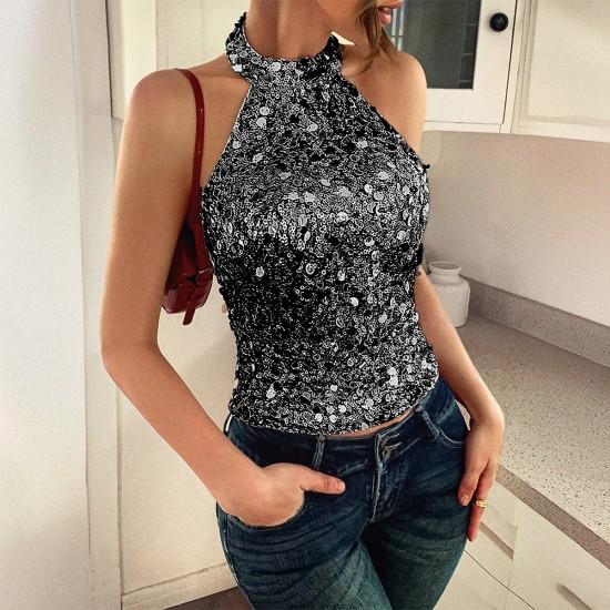 Diyun Cross-border European and American elegant style halter neck sequined halter top women's clothing Spring/Summer 2025 Amazon Independent Store