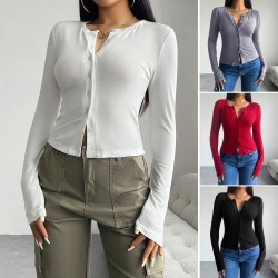 Diyun Cross-border Trade Amazon 2024 Autumn/Winter Women's Top Y2K Solid Color Slimming Cardigan Button Long-sleeved T-shirt