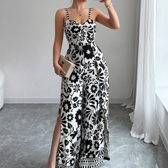 Di Yun's European and American cross-border 2025 Spring/Summer elegant and stylish twist-printed small halter wide-leg one-piece long pants women's clothing Di Yun's European and American cross-border 2025 Spring/Summer elegant and stylish twist-printed small halter wide-leg one-piece long pants women's clothing