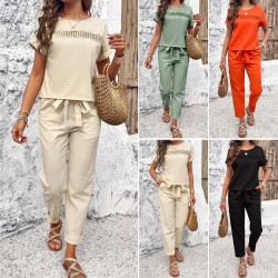 Diyun European and American Women's Clothing Amazon Trade 2024 Spring/Summer Casual Short-sleeved top and long Pants Set
