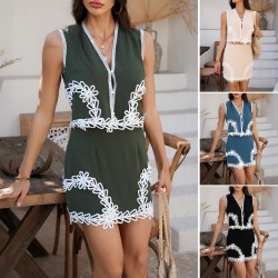 Di Yun's Spring/Summer 2025 cross-border European and American casual Bohemian vacation style geometric color contrast short pants and skirt suit women's clothing