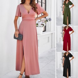 Diyun European and American women's clothing cross-border trade Spring/Summer 2024 Elegant and fitted solid color V-neck slit dress