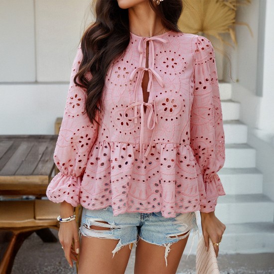 Diyun European and American Cross-border 2025 Spring/Summer Casual Vacation Loose lace-up cardigan Solid Color Cutout top Women's shirt Diyun European and American Cross-border 2025 Spring/Summer Casual Vacation Loose lace-up cardigan Solid Color Cutout top Women's shirt