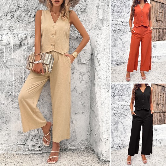 Diyun Cross-border Foreign Trade Fashion Women's Wear Amazon Spring/Summer 2024 Casual and Elegant Solid Color Vest Set