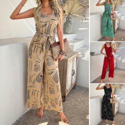 Diyun Cross-border European and American 2025 Spring/Summer Casual Vacation Style Cotton Printed High-waisted pocket one-piece Long Pants women's clothing