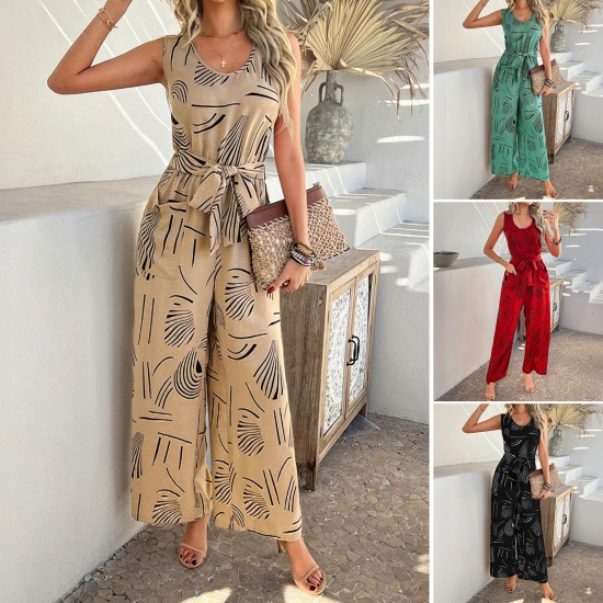Diyun Cross-border European and American 2025 Spring/Summer Casual Vacation Style Cotton Printed High-waisted pocket one-piece Long Pants women's clothing Diyun Cross-border European and American 2025 Spring/Summer Casual Vacation Style Cotton Printed High-waisted pocket one-piece Long Pants women's clothing