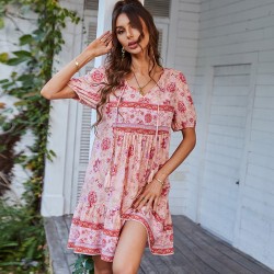 Self-designed casual vacation-style dress 2023 summer printed fresh and delicate dress, light luxury and ethereal