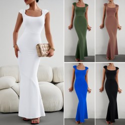Diyun European and American cross-border Women's Clothing 2023 Autumn Export Amazon Independent Station Slimming and sexy square neck knitted dress