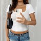 Diyun 2025 Spring/Summer Cross-border European and American Women's top Y2K Sexy Solid Color U-neck lace patchwork bm short-sleeved T-shirt