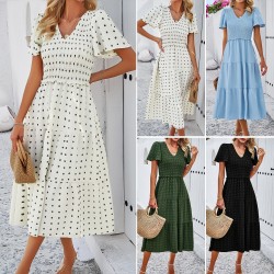 Diyun Cross-border Women's Clothing Amazon Spring/Summer 2025 Foreign Trade Elegant Casual Polka dot V-neck Short-sleeved dress
