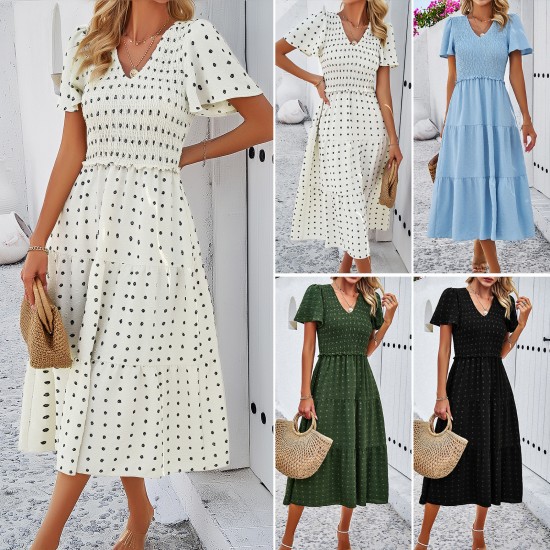 Diyun Cross-border Women's Clothing Amazon Spring/Summer 2025 Foreign Trade Elegant Casual Polka dot V-neck Short-sleeved dress Diyun Cross-border Women's Clothing Amazon Spring/Summer 2025 Foreign Trade Elegant Casual Polka dot V-neck Short-sleeved dress