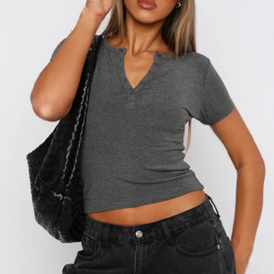 Di Yun 2025 Spring/Summer Cross-border European and American Y2K sexy ribbed slimming V-neck solid color knitted short-sleeved top T-shirt for women Di Yun 2025 Spring/Summer Cross-border European and American Y2K sexy ribbed slimming V-neck solid color knitted short-sleeved top T-shirt for women