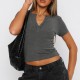 Di Yun 2025 Spring/Summer Cross-border European and American Y2K sexy ribbed slimming V-neck solid color knitted short-sleeved top T-shirt for women Di Yun 2025 Spring/Summer Cross-border European and American Y2K sexy ribbed slimming V-neck solid color knitted short-sleeved top T-shirt for women