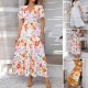 Diyun's Spring/Summer 2025 Cross-border casual Pomixia vacation style printed color-blocking V-neck high-waisted short-sleeved dress Diyun's Spring/Summer 2025 Cross-border casual Pomixia vacation style printed color-blocking V-neck high-waisted short-sleeved dress