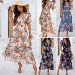 Diyun Cross-border Independent Station European and American Women's Clothing 2025 Spring/Summer Export Style Printed Waist Short Sleeved dress