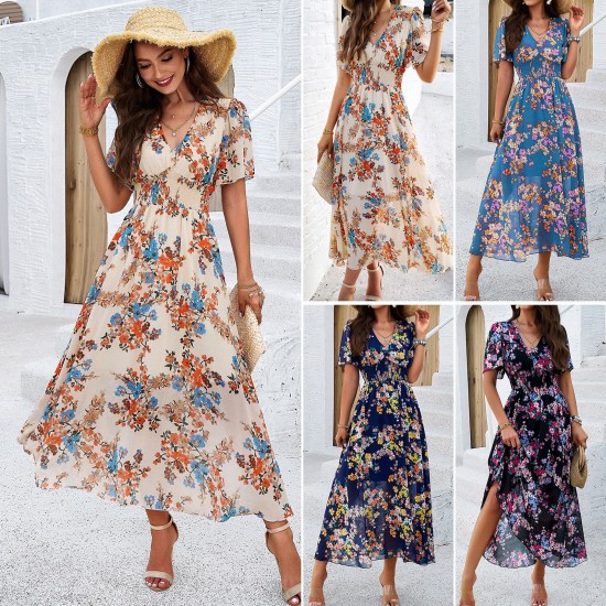 Diyun Cross-border Independent Station European and American Women's Clothing 2025 Spring/Summer Export Style Printed Waist Short Sleeved dress Diyun Cross-border Independent Station European and American Women's Clothing 2025 Spring/Summer Export Style Printed Waist Short Sleeved dress