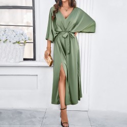 Diyun Cross-border Amazon European and American Women's Clothing 2025 Spring/Summer Export elegant high-waisted V-neck loose dress