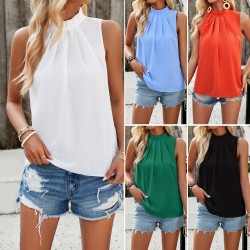 Diyun Cross-border Women's Clothing Amazon Spring/Summer 2024 Foreign trade Elegant semi-high neck solid color pullover sleeveless top