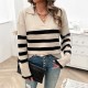 Diyun Amazon Cross-border 2024 Autumn/Winter Women's casual loose striped contrasting color lapel sweater top for women