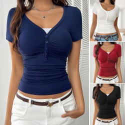 Diyun European and American Cross-border 2025 Spring/Summer Y2K Style Sweet and Spicy Solid Color Slimming Lace patchwork V-neck short-sleeved women's top