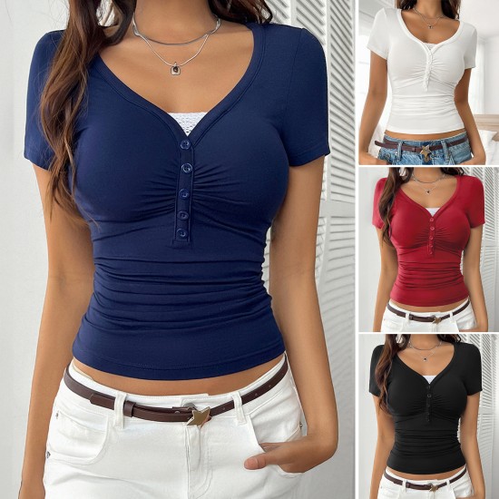 Diyun European and American Cross-border 2025 Spring/Summer Y2K Style Sweet and Spicy Solid Color Slimming Lace patchwork V-neck short-sleeved women's top Diyun European and American Cross-border 2025 Spring/Summer Y2K Style Sweet and Spicy Solid Color Slimming Lace patchwork V-neck short-sleeved women's top