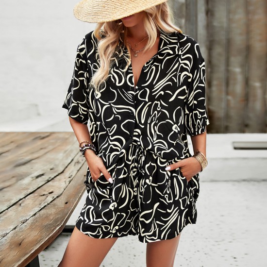 Diyun Cross-border European and American vacation-style printed shirt Women's Set 2025 Summer Export Casual Shorts Two-piece Set Diyun Cross-border European and American vacation-style printed shirt Women's Set 2025 Summer Export Casual Shorts Two-piece Set