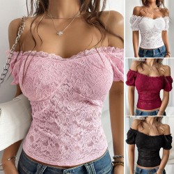 Diyun Cross-border Amazon Spring/Summer 2025 European and American sexy hollowed-out crop top, slimming one-shoulder lace women's clothing