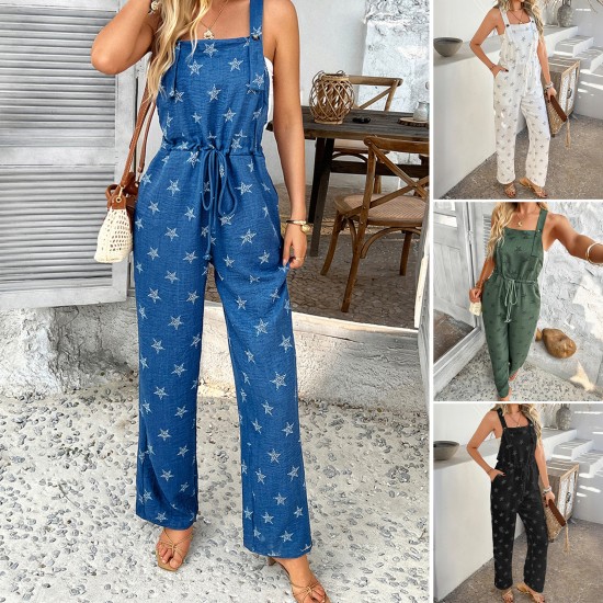 Di Yun's Spring/Summer 2025 cross-border European and American casual Bohemian vacation style printed color-blocking strap jumpsuit for women