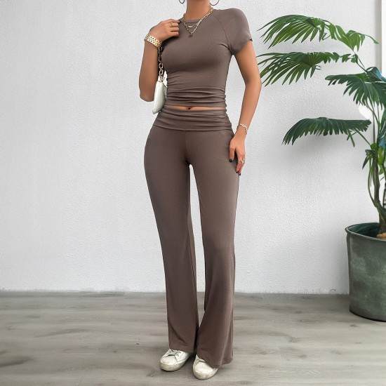 Diyun Cross-border Foreign Trade Women's Clothing Amazon Spring/Summer 2024 Casual Solid Color Slim Short-sleeved and long Pants Set Diyun Cross-border Foreign Trade Women's Clothing Amazon Spring/Summer 2024 Casual Solid Color Slim Short-sleeved and long Pants Set