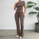 Diyun Cross-border Foreign Trade Women's Clothing Amazon Spring/Summer 2024 Casual Solid Color Slim Short-sleeved and long Pants Set Diyun Cross-border Foreign Trade Women's Clothing Amazon Spring/Summer 2024 Casual Solid Color Slim Short-sleeved and long Pants Set