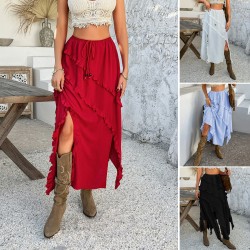 Diyun Cross-border 2025 Spring/Summer European and American casual vacation style solid-color lace tie waist-cinching mid-length skirt for women