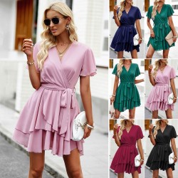 Diyun European and American women's dress 2023 Spring/Summer European and American cross-border Amazon strappy solid color A-line skirt short skirt