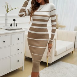 Diyun Cross-border Amazon Independent Station 2024 Autumn/Winter Women's Wear, elegant and fitted, color-blocking long-sleeved dress
