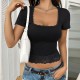 Diyun 2025 Spring/Summer Cross-border European and American Women's top Y2K Sexy Solid Color U-neck lace patchwork bm short-sleeved T-shirt