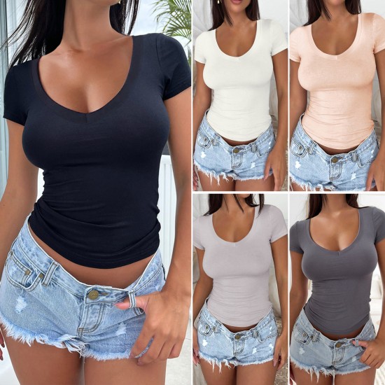 Diyun's European and American cross-border Amazon Y2K women's short-sleeved T-shirt for Spring/Summer 2024 export, U-neck slim solid color long-sleeved T-shirt Diyun's European and American cross-border Amazon Y2K women's short-sleeved T-shirt for Spring/Summer 2024 export, U-neck slim solid color long-sleeved T-shirt