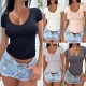 Diyun's European and American cross-border Amazon Y2K women's short-sleeved T-shirt for Spring/Summer 2024 export, U-neck slim solid color long-sleeved T-shirt Diyun's European and American cross-border Amazon Y2K women's short-sleeved T-shirt for Spring/Summer 2024 export, U-neck slim solid color long-sleeved T-shirt
