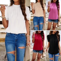 Diyun Cross-border European and American women's Clothing 2024 Spring/Summer Export Style Casual Solid Color semi-high neck short-sleeved lace top