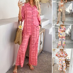 Diyun 2025 Spring/Summer European and American Leisure Vacation Wave Misia Geometric color-blocking cardigan Short-sleeved wide-leg Pants Set