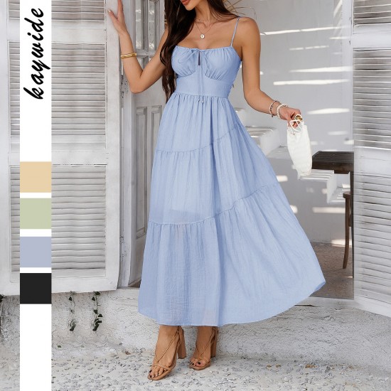 Diyun 2025 Spring/Summer Cross-border European and American style vacation style solid color high-waisted halter dress Evening dress women's wear