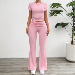 Diyun Cross-border Foreign Trade Women's Clothing Amazon Spring/Summer 2024 Casual Solid Color Slim Short-sleeved and long Pants Set