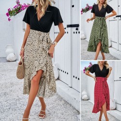 Diyun European and American women's clothing Amazon Cross-border 2024 Spring/Summer export elegant color-blocking short-sleeved V-neck dress